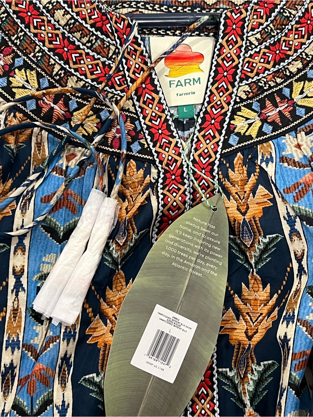 Farm Rio Blue Embroidered Tapestry Tassels Puff Sleeve Blouse - Picture 4 of 9